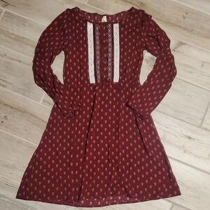 Love At First Sight Girls Burgundy Long Sleeve Dress Feathers Boho Bohemian 10